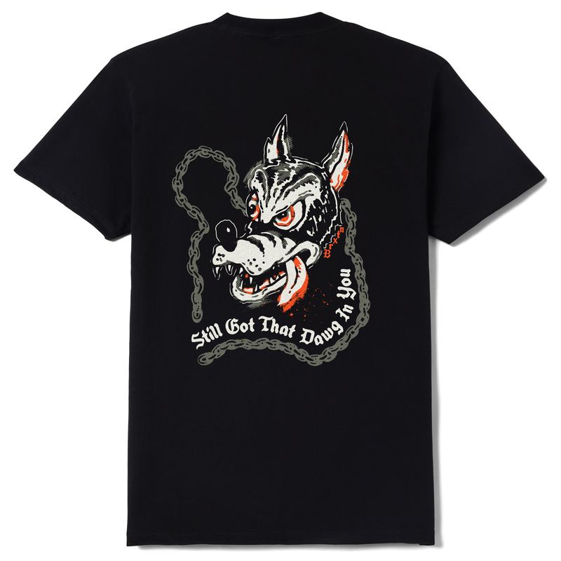 Back graphic of Brixton t-shirt featuring snarling wolf and “Still Got That Dawg In You” text