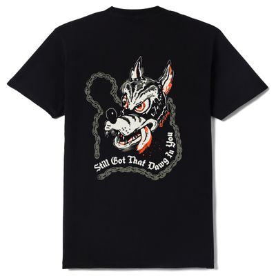 Back graphic of Brixton t-shirt featuring snarling wolf and “Still Got That Dawg In You” text