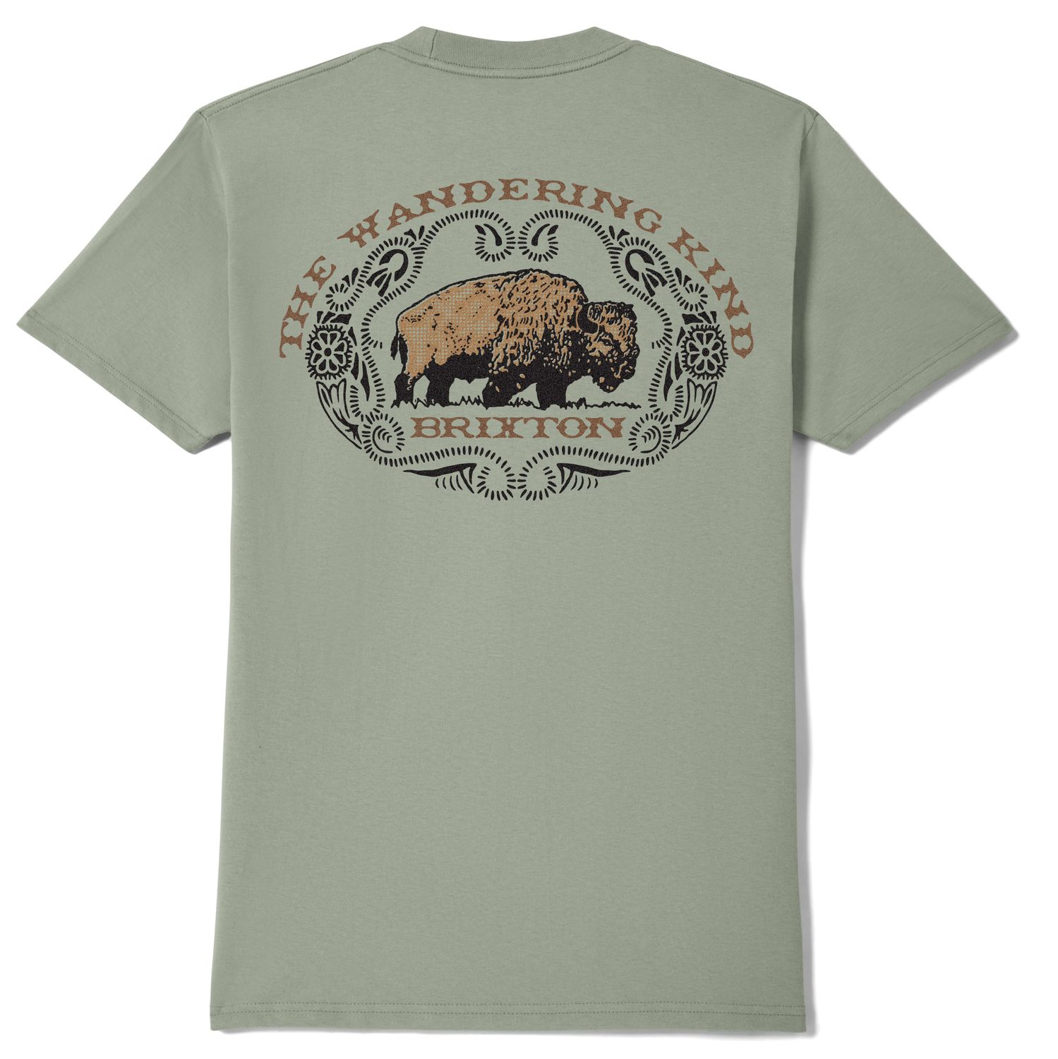 Back graphic of Brixton t-shirt featuring bison with “The Wandering Kind” text and western-style design