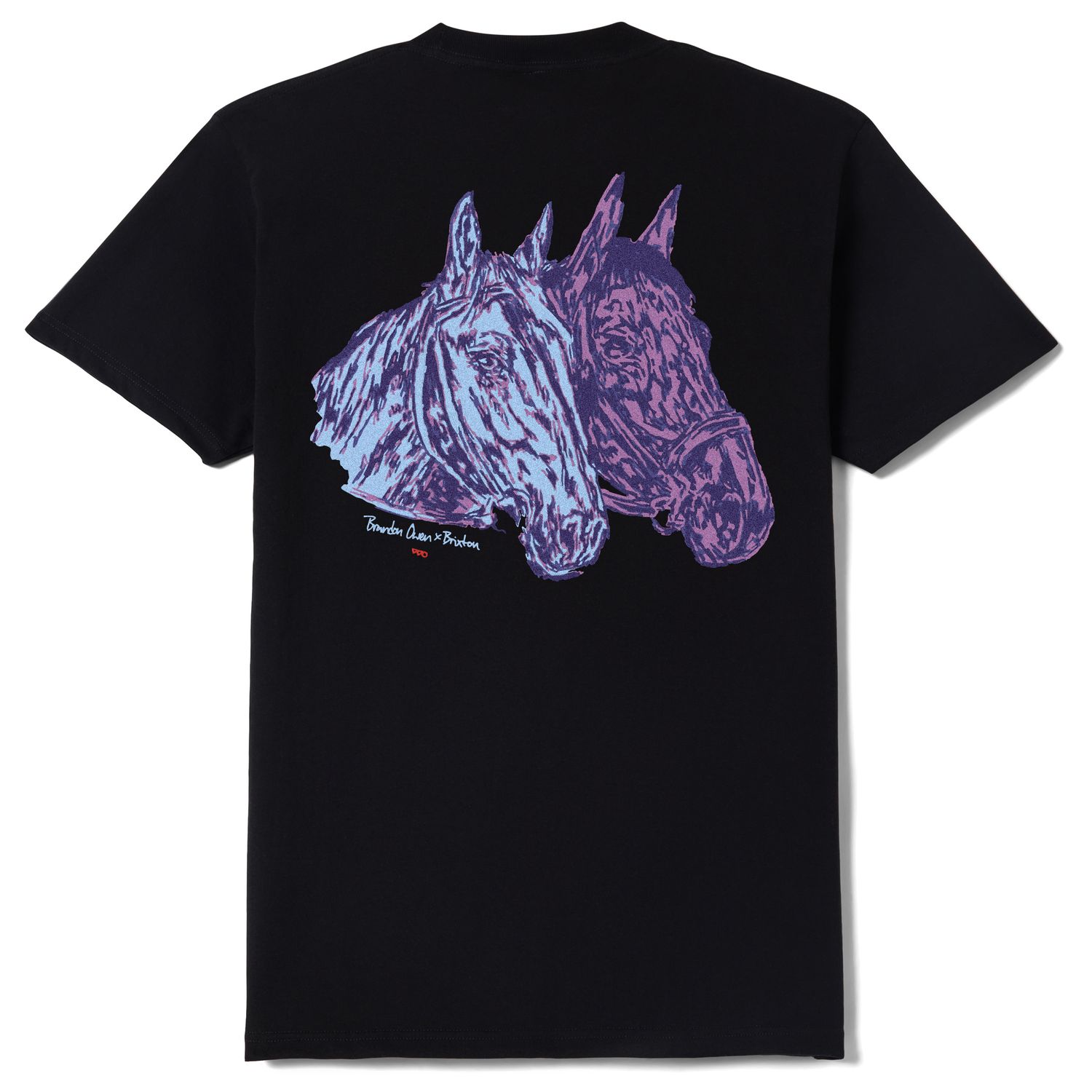 Back graphic of Brixton t-shirt featuring two horse heads in purple and blue tones