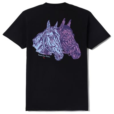 Back graphic of Brixton t-shirt featuring two horse heads in purple and blue tones