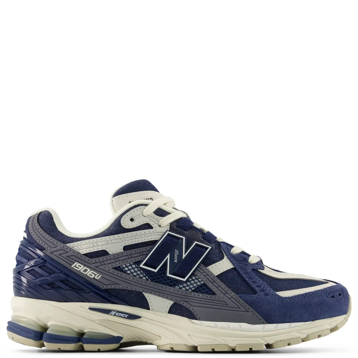 Side profile of the New Balance 1906N in Navy and Timberwolf with mesh upper and layered synthetic overlays