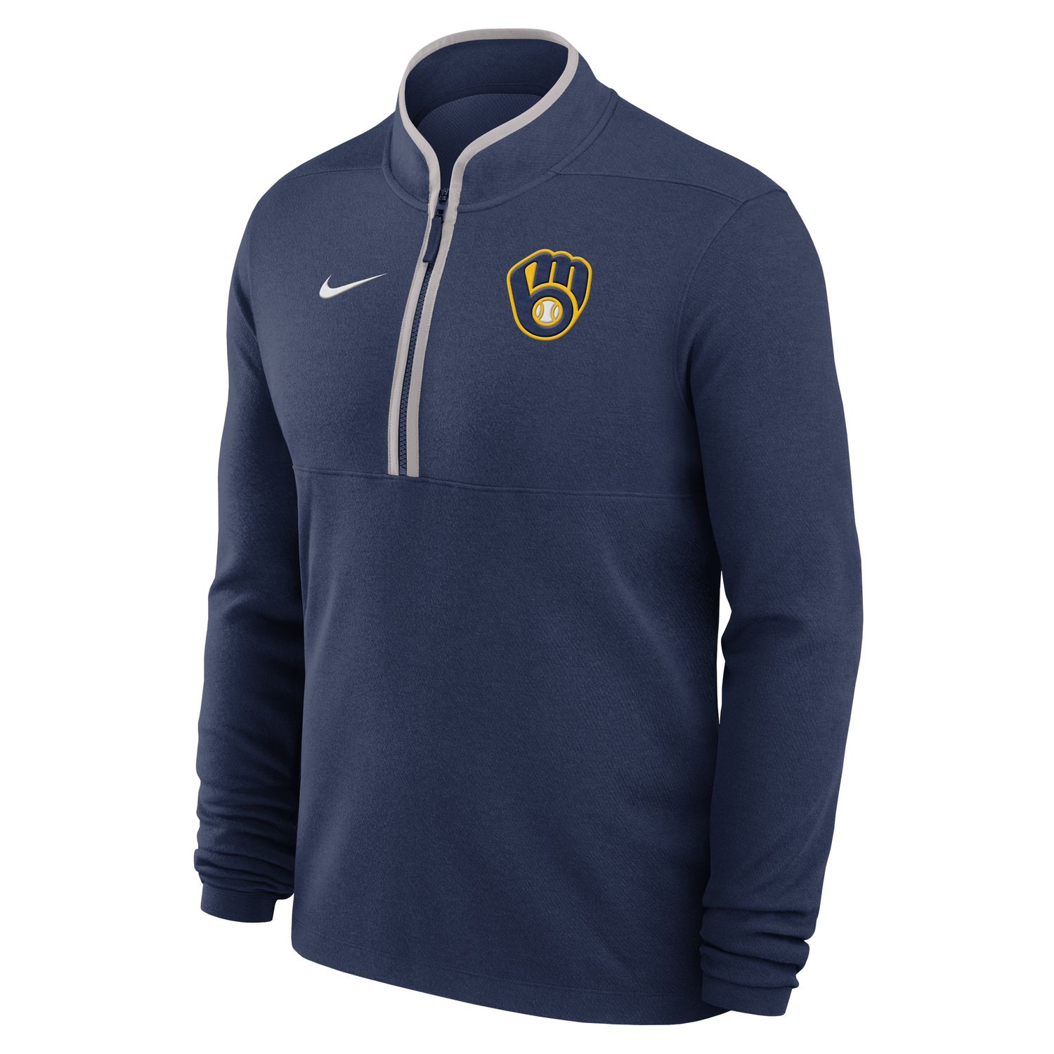 Front angled view of navy Milwaukee Brewers Nike half zip pullover with team glove logo and white Swoosh