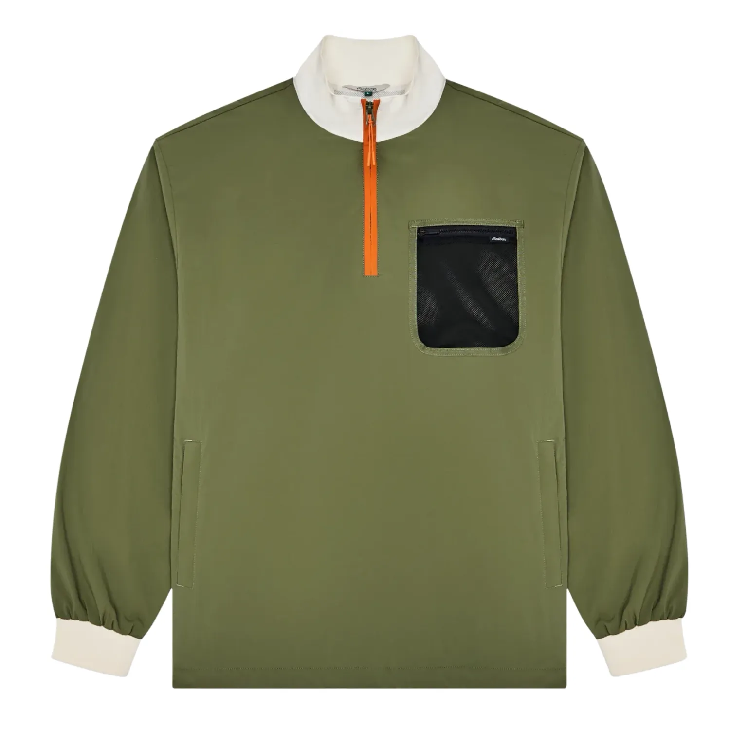 Front flat lay of olive windshirt with contrast collar and chest pocket