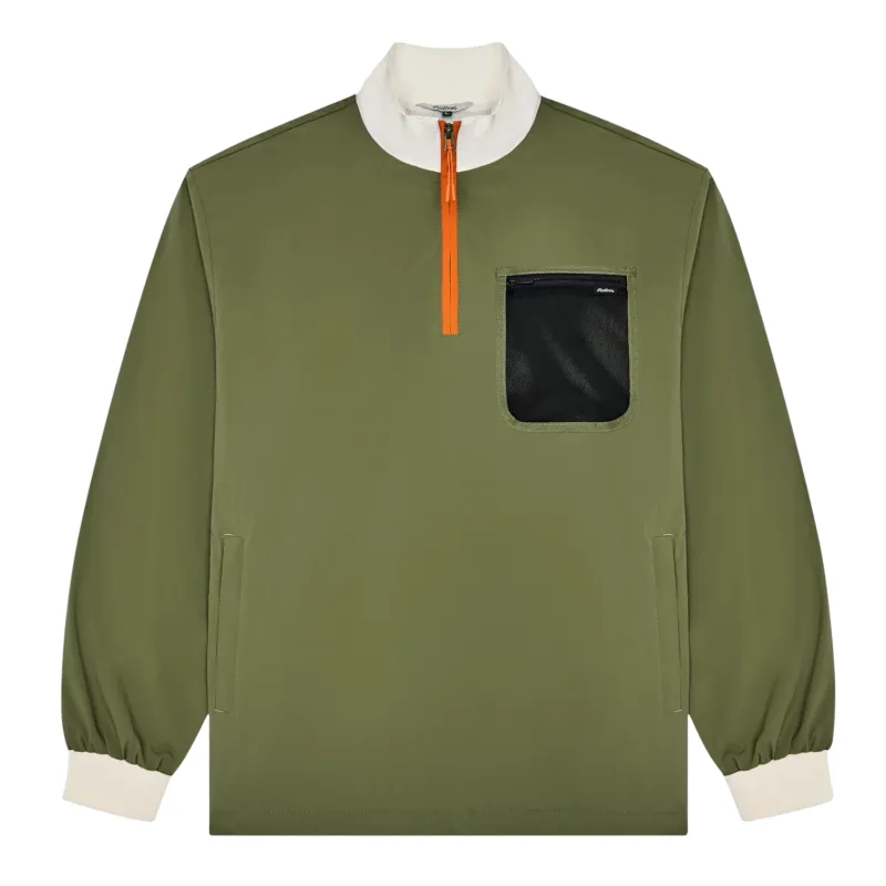 Front flat lay of olive windshirt with contrast collar and chest pocket