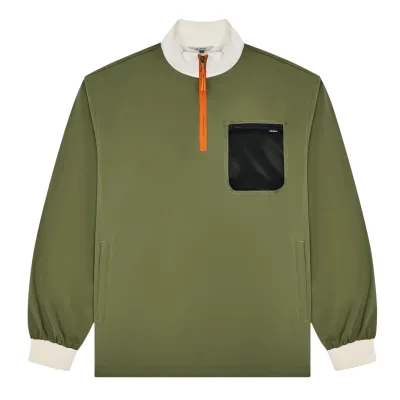 Front flat lay of olive windshirt with contrast collar and chest pocket