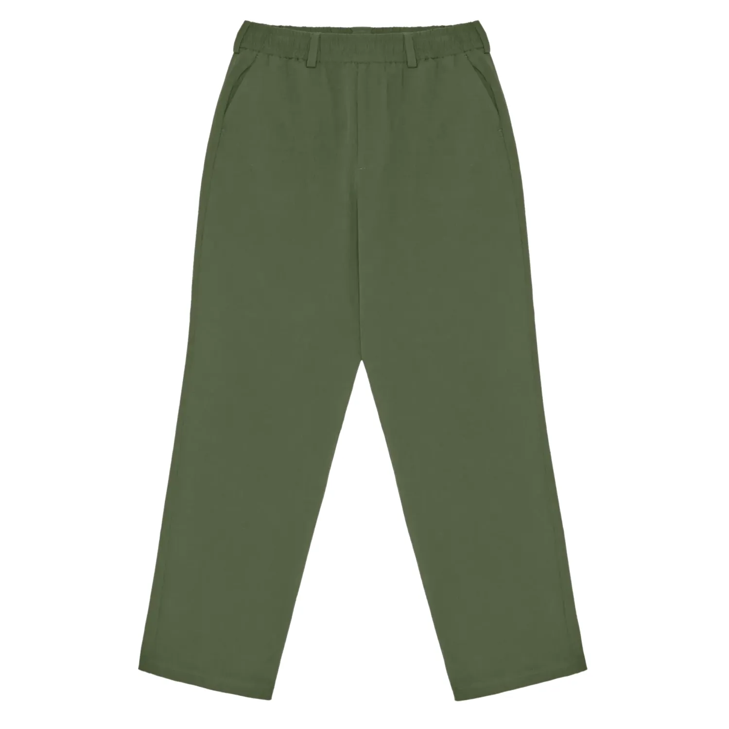Front flat lay of olive Malbon pants with clean tailored design