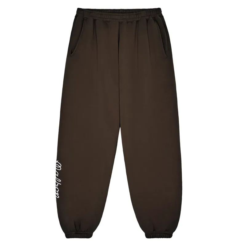 Front flat lay of brown Malbon Clubhouse sweatpants with elastic waistband and side pockets