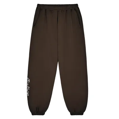 Front flat lay of brown Malbon Clubhouse sweatpants with elastic waistband and side pockets
