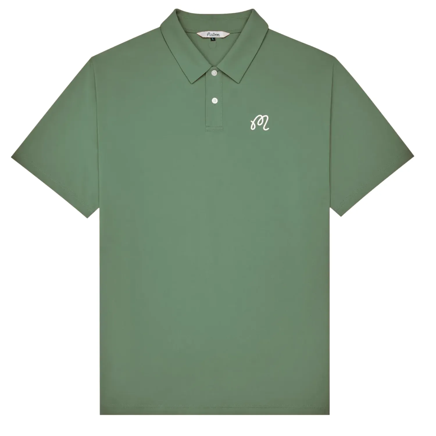 Front flat lay of olive Malbon polo with button placket and embroidered logo