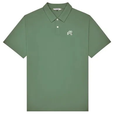 Front flat lay of olive Malbon polo with button placket and embroidered logo