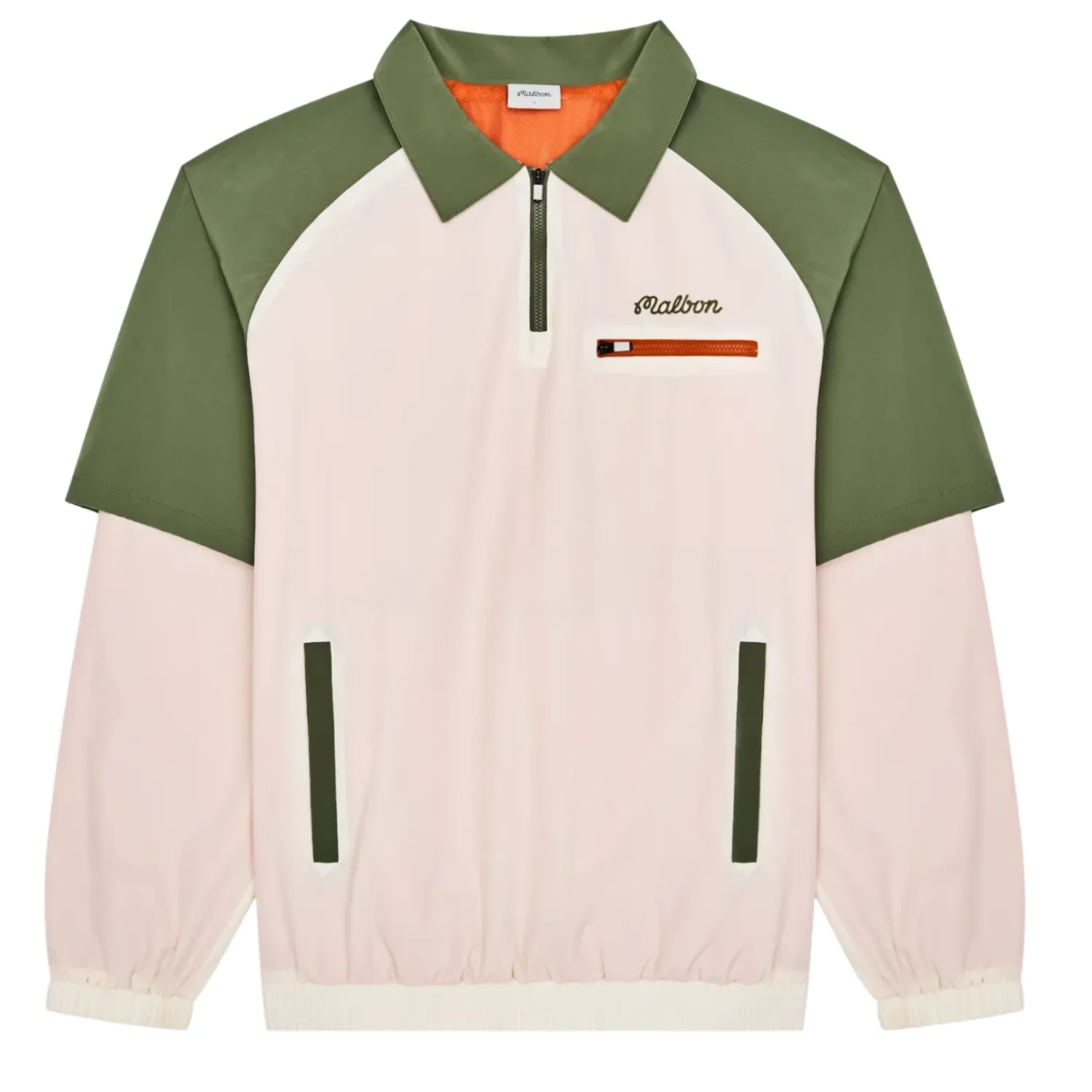 Flat lay of Malbon Marina windshirt in cream/olivine with zip pocket and elastic hem