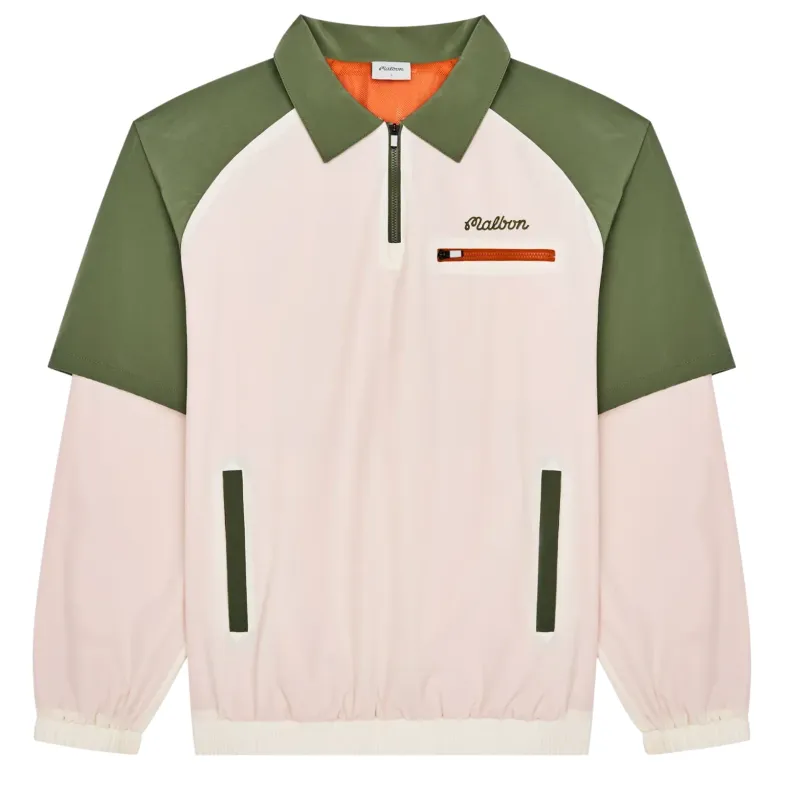 Flat lay of Malbon Marina windshirt in cream/olivine with zip pocket and elastic hem