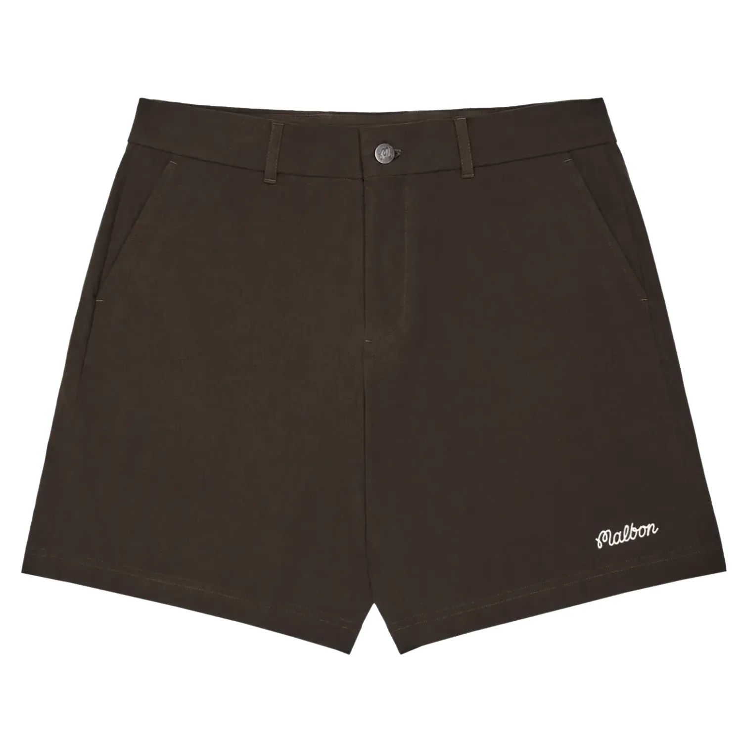 Front view of brown Ripley CoolCore® shorts with clean finish and embroidered Malbon logo
