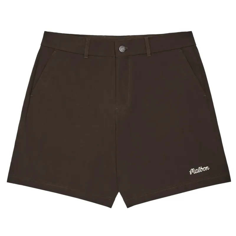 Front view of brown Ripley CoolCore® shorts with clean finish and embroidered Malbon logo