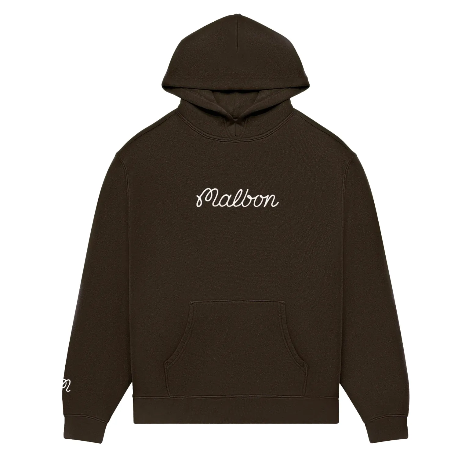Front flat lay of brown Malbon Fesque hoodie with kangaroo pocket and script logo