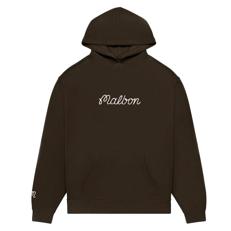 Front flat lay of brown Malbon Fesque hoodie with kangaroo pocket and script logo