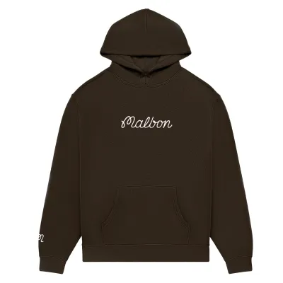 Front flat lay of brown Malbon Fesque hoodie with kangaroo pocket and script logo