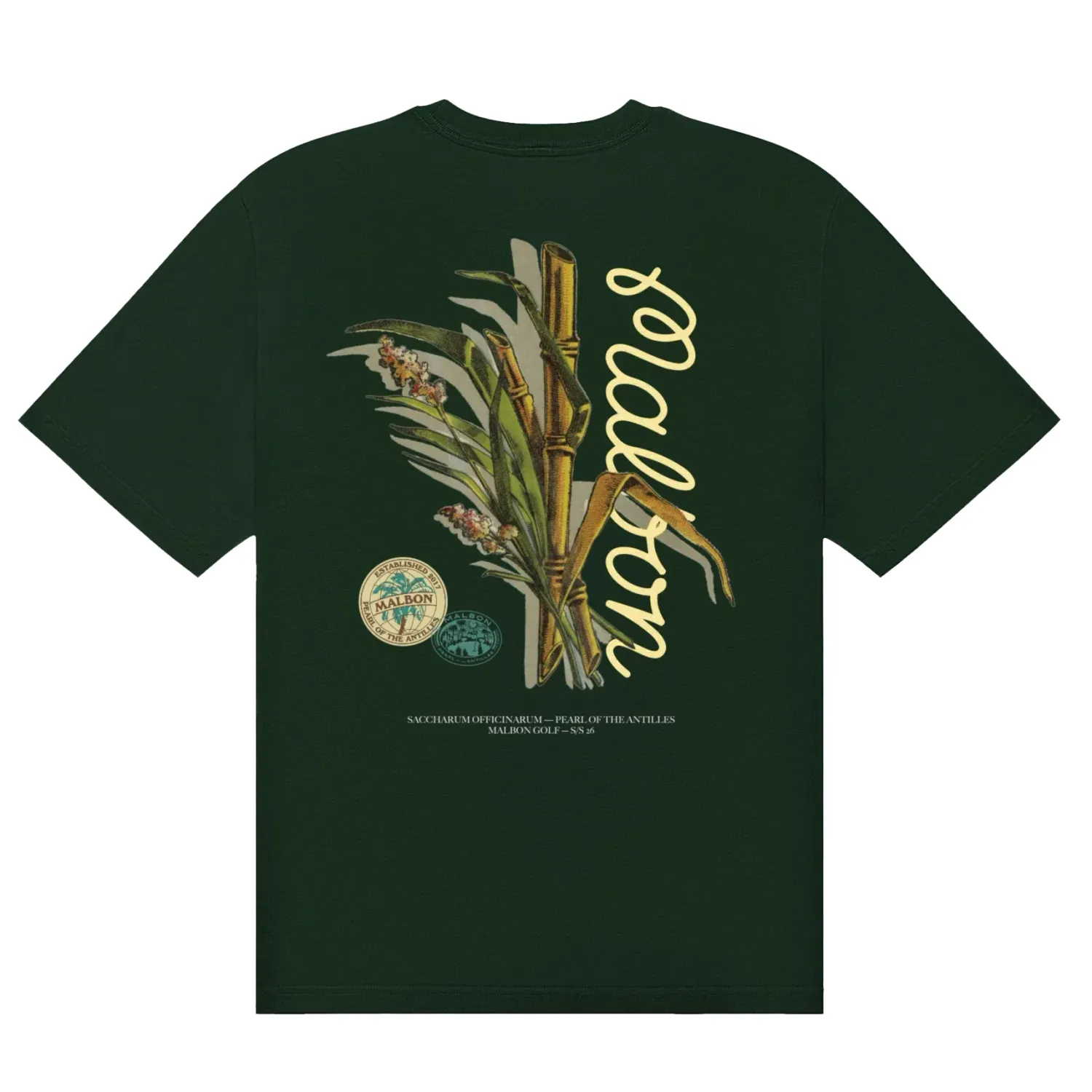 Rear flat lay of dark olive Malbon tee with botanical graphic and vertical logo print