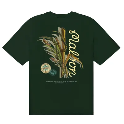 Rear flat lay of dark olive Malbon tee with botanical graphic and vertical logo print