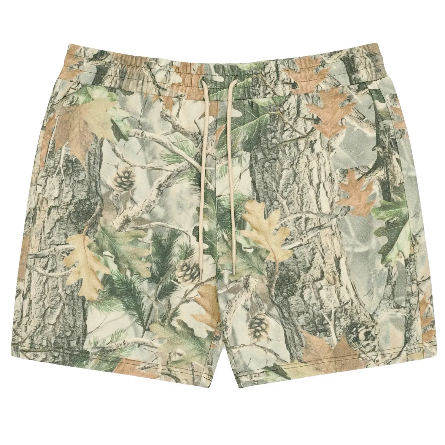 Cotton Collective volley short in vintage wood camo with drawstring waist, woodland camo print, and relaxed fit