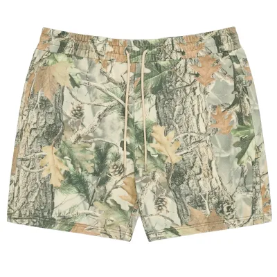 Cotton Collective volley short in vintage wood camo with drawstring waist, woodland camo print, and relaxed fit