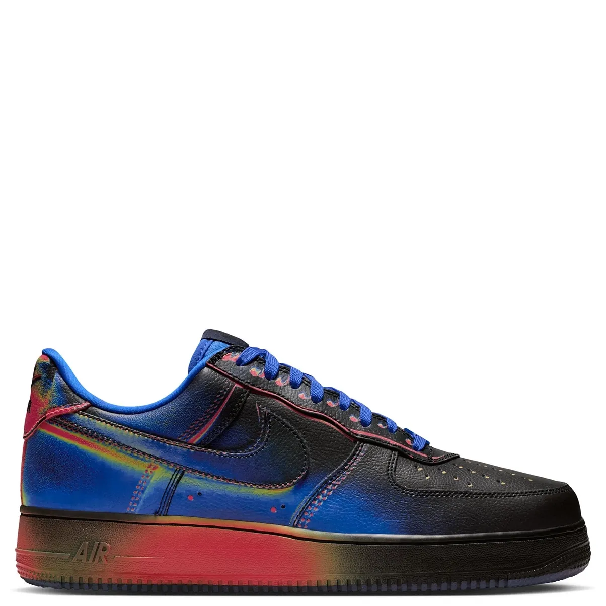 Medial side view of Nike Air Force 1 with vibrant heat map detailing and classic Swoosh.