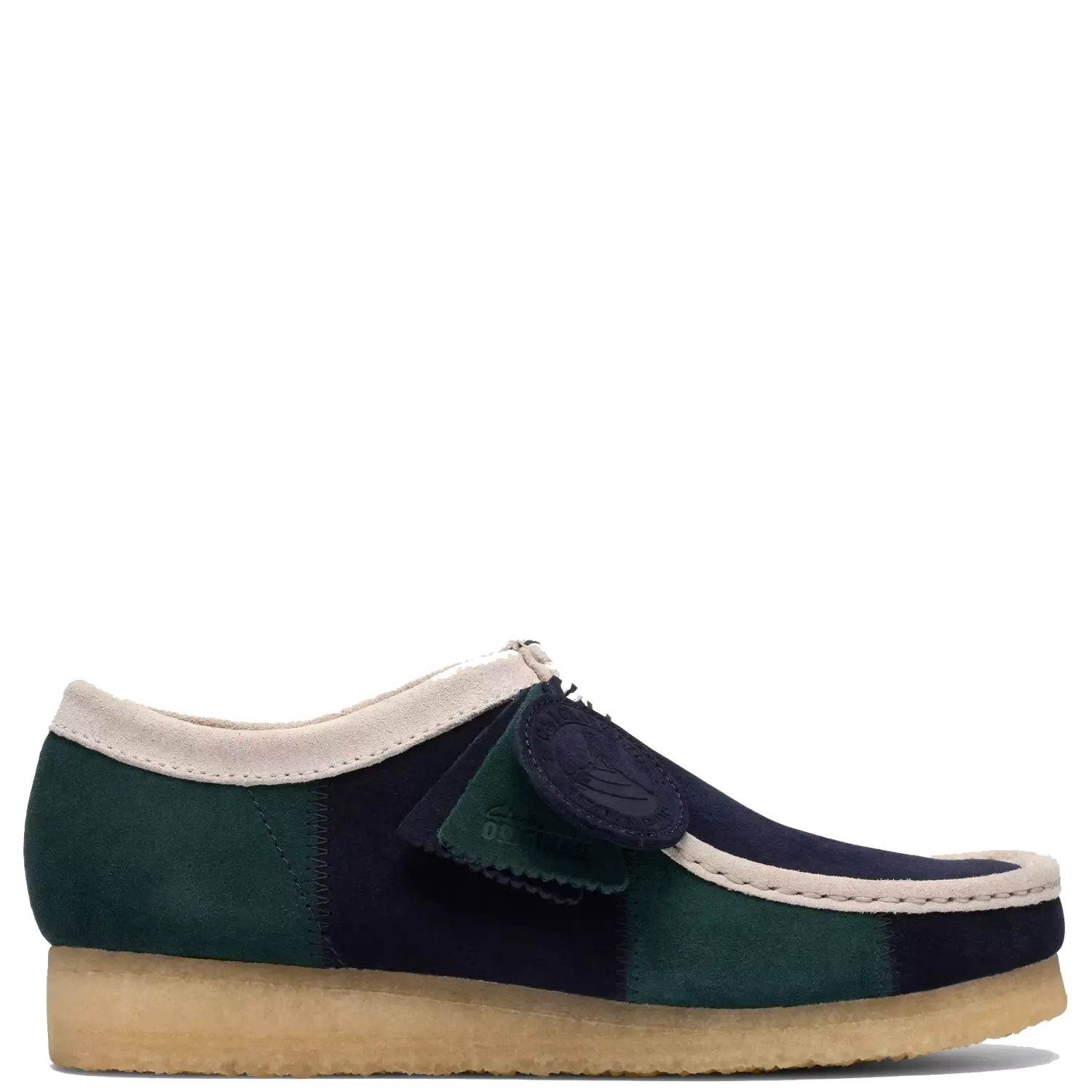 Clarks Wallabee in blue and green striped suede with off-white trim and crepe sole side profile