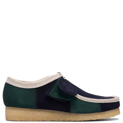 Clarks Wallabee in blue and green striped suede with off-white trim and crepe sole side profile