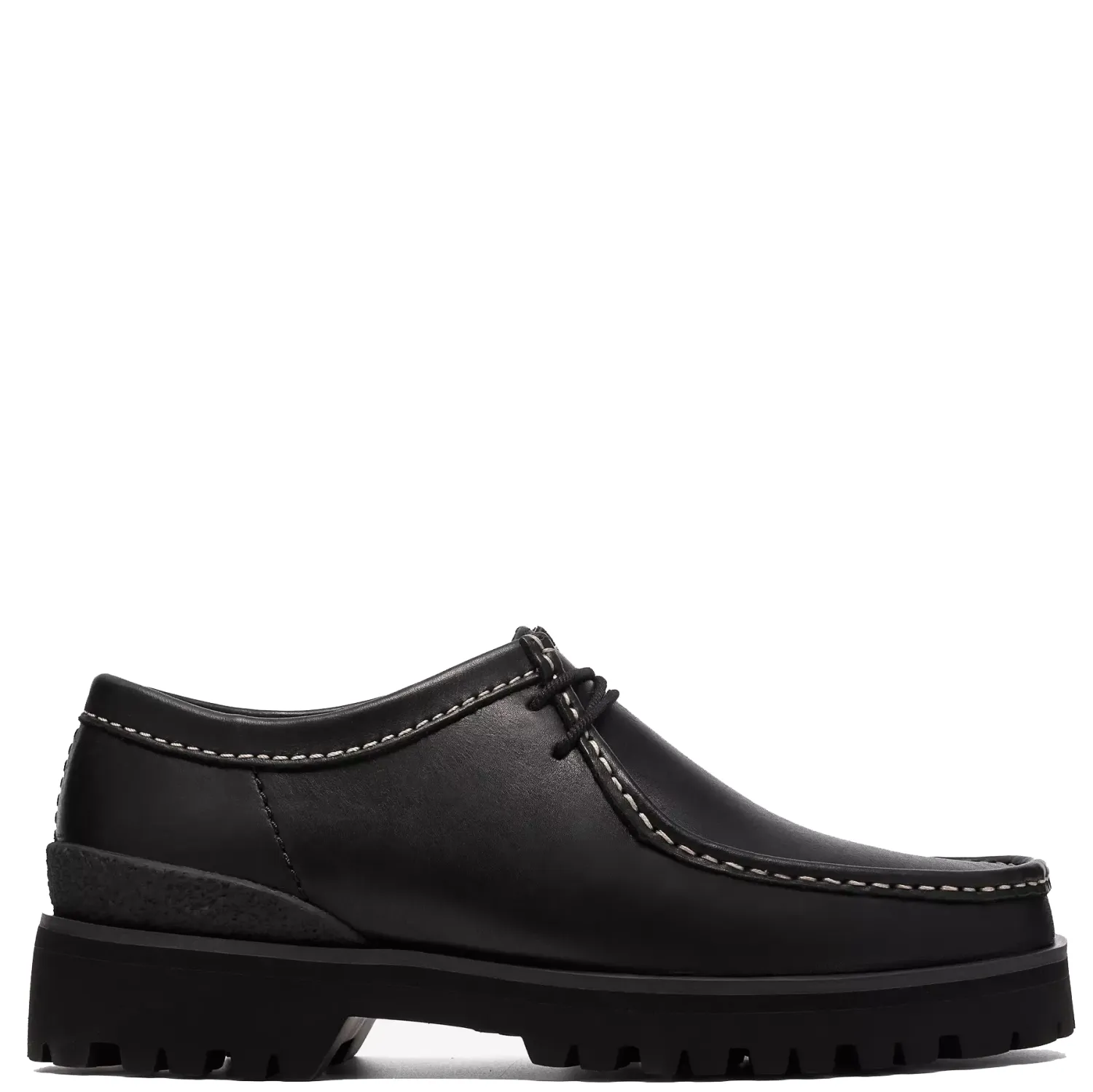 Clarks Walla Yukoner shoe in black leather side profile with contrast stitching and lug sole