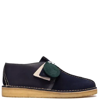 Clarks Desert Trek in navy suede side profile with crepe sole and contrast stitching