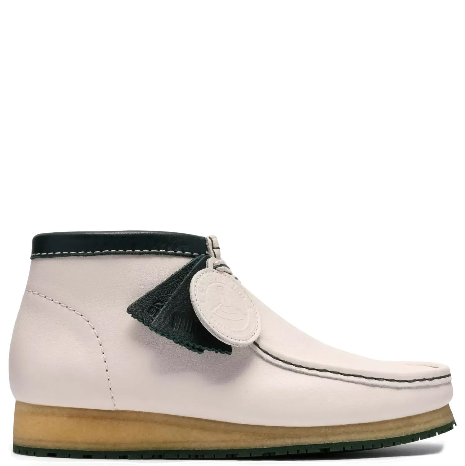 Clarks Walla Boot RB in white leather side profile with green collar and crepe sole