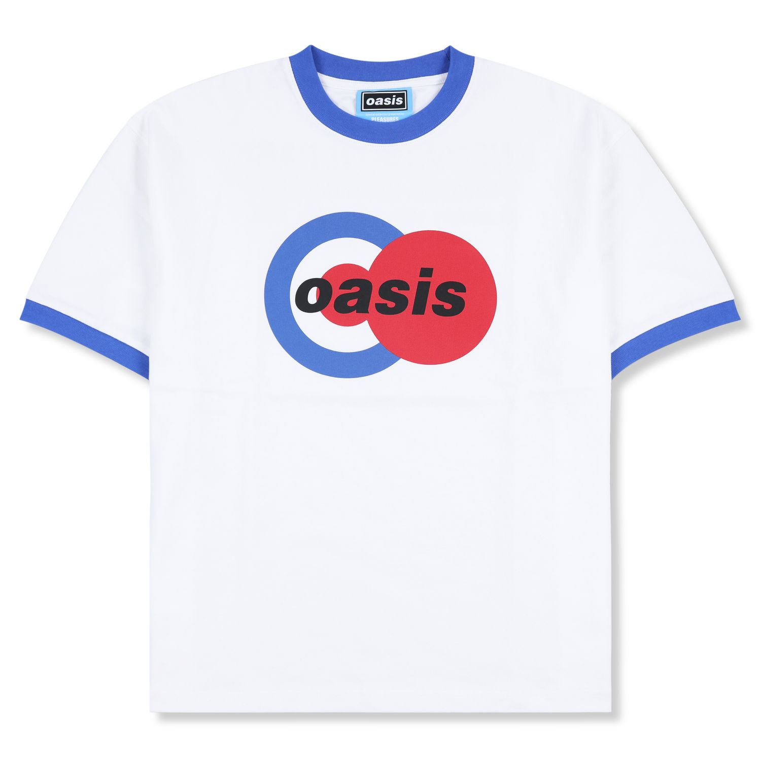 White Oasis ringer t-shirt with blue trim and front logo graphic