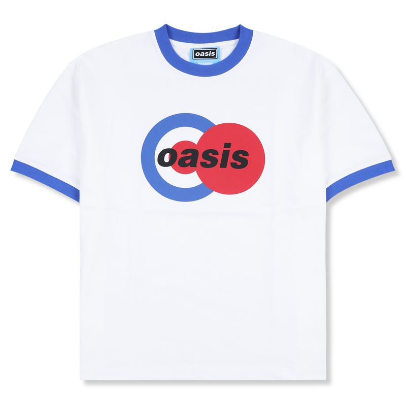 White Oasis ringer t-shirt with blue trim and front logo graphic