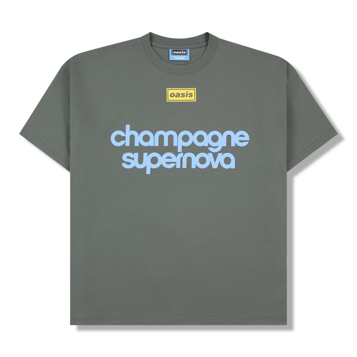 Faded black Oasis t-shirt with “champagne supernova” blue graphic