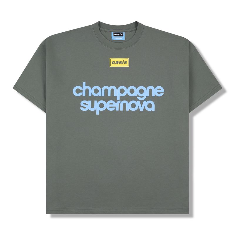 Faded black Oasis t-shirt with “champagne supernova” blue graphic