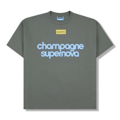 Faded black Oasis t-shirt with “champagne supernova” blue graphic