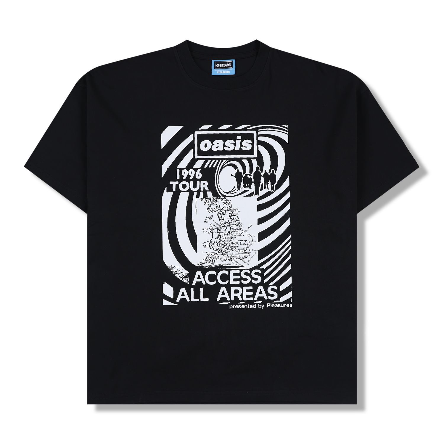 Black Oasis t-shirt with 1996 tour access all areas front graphic