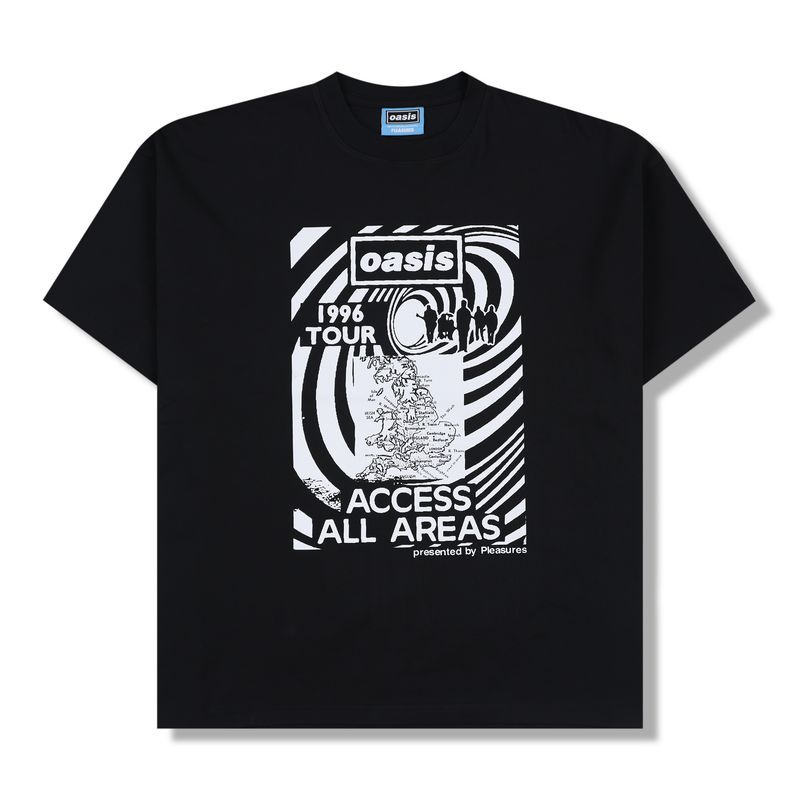 Black Oasis t-shirt with 1996 tour access all areas front graphic
