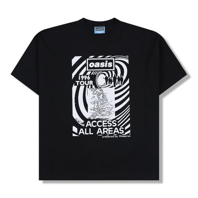 Black Oasis t-shirt with 1996 tour access all areas front graphic