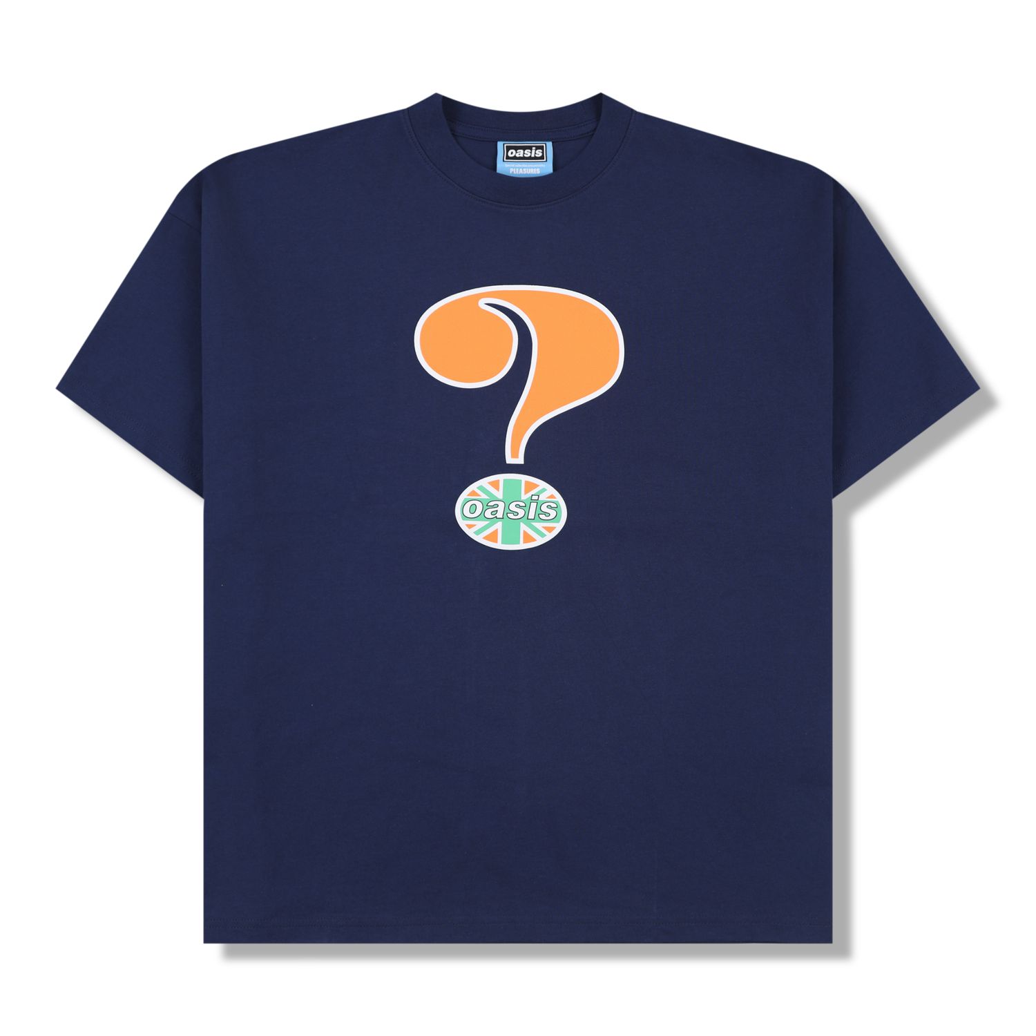Navy Oasis t-shirt with large orange question mark graphic on front
