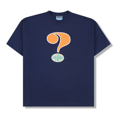 Navy Oasis t-shirt with large orange question mark graphic on front