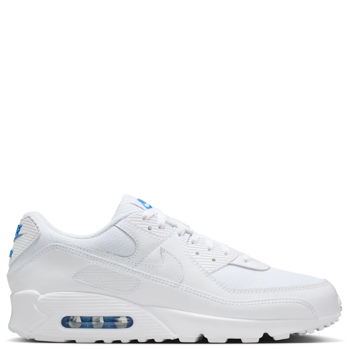 Nike Air Max 90 medial side view in white with clean paneling and cushioned midsole