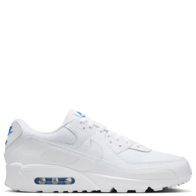 Nike Air Max 90 medial side view in white with clean paneling and cushioned midsole