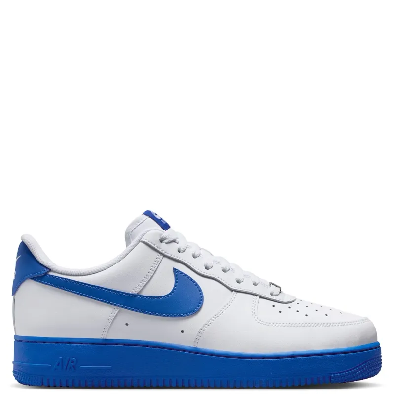 Nike Air Force 1 ’07 medial side view with clean white leather upper and blue outsole