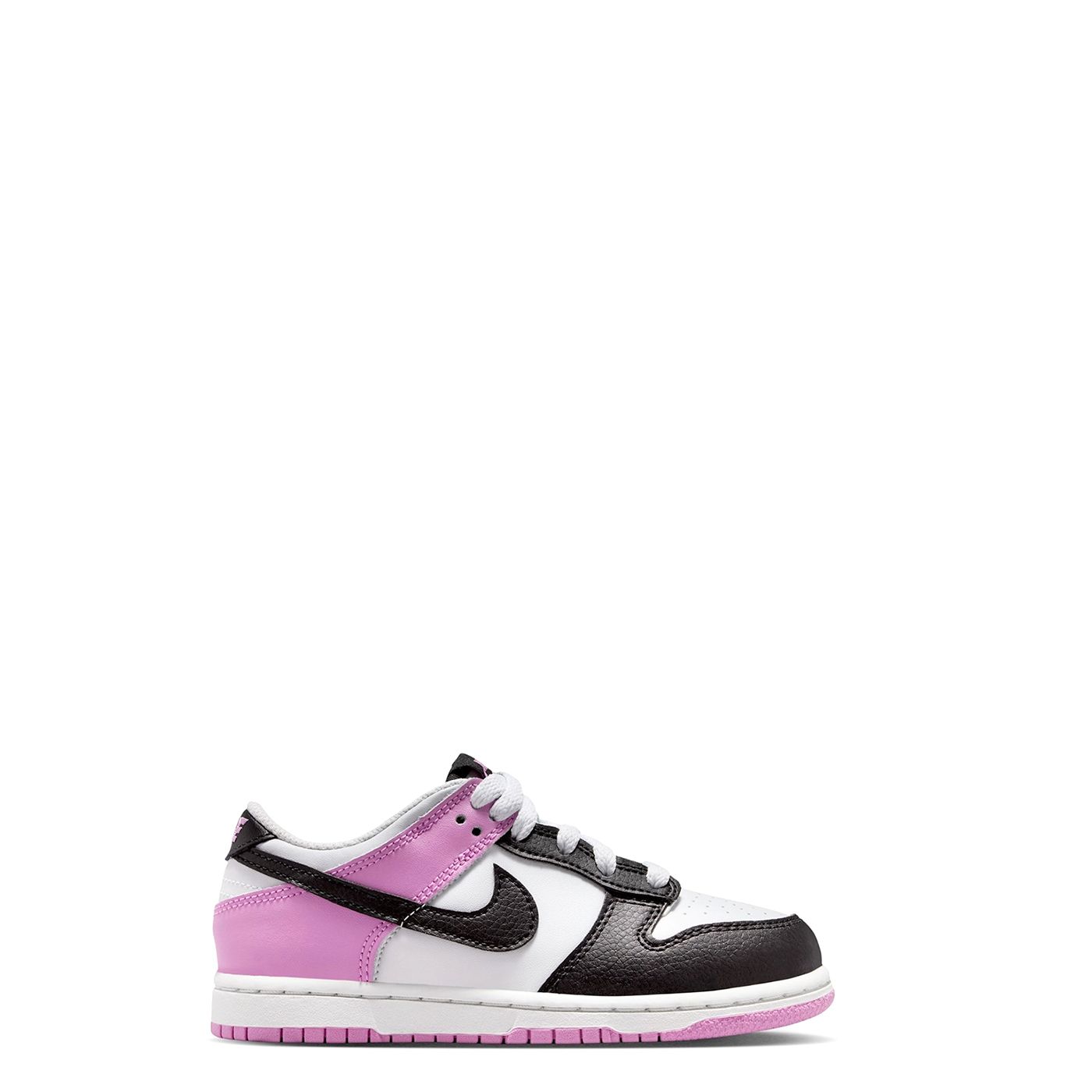 Nike Dunk Low PS full side profile in off white, black, and light magenta colorway