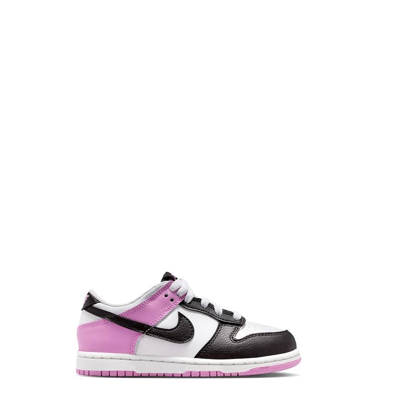 Nike Dunk Low PS full side profile in off white, black, and light magenta colorway