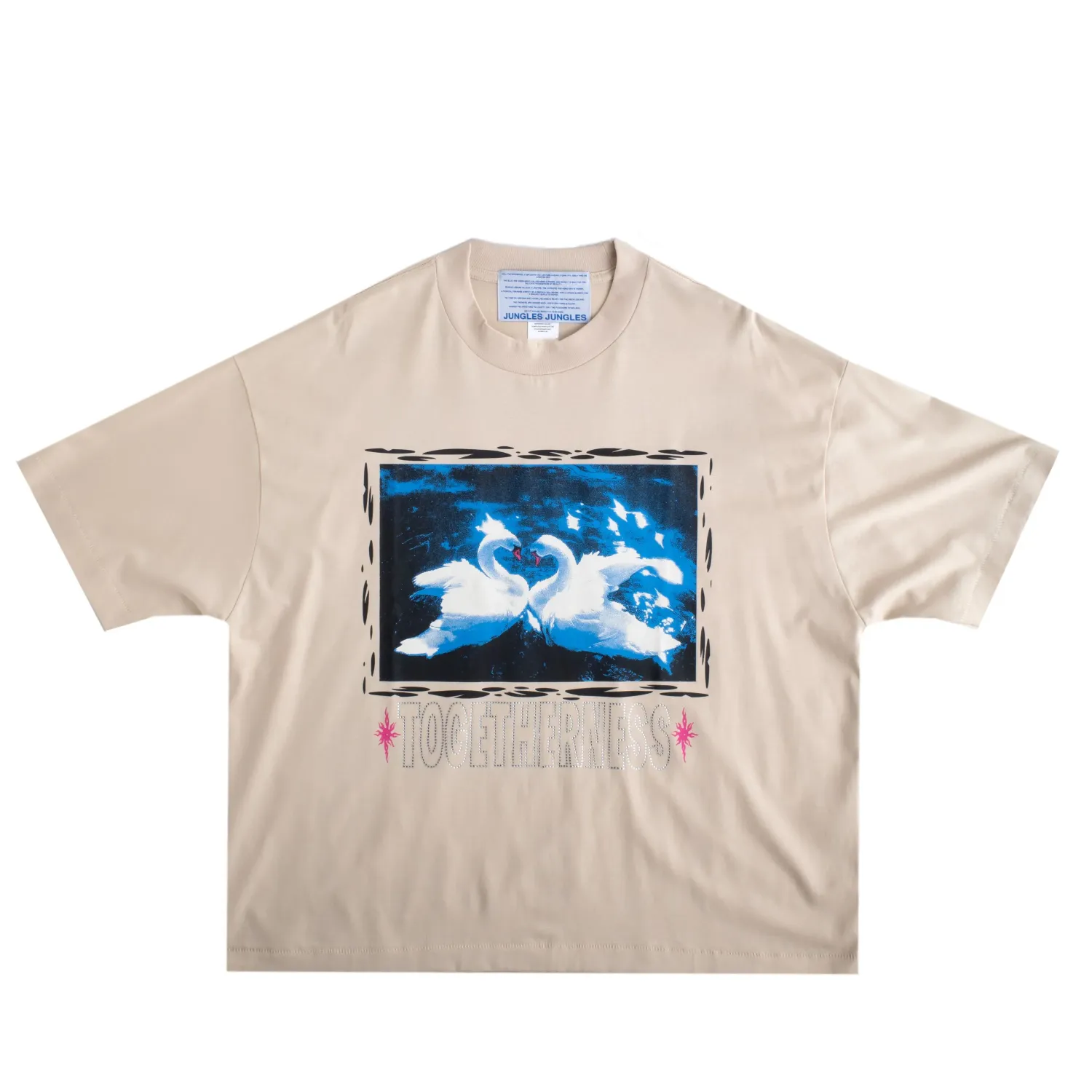 Full front view of birch Jungles Togetherness tee with boxy fit.