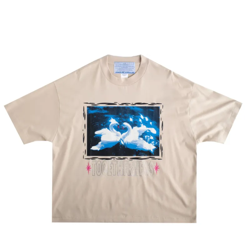 Full front view of birch Jungles Togetherness tee with boxy fit.