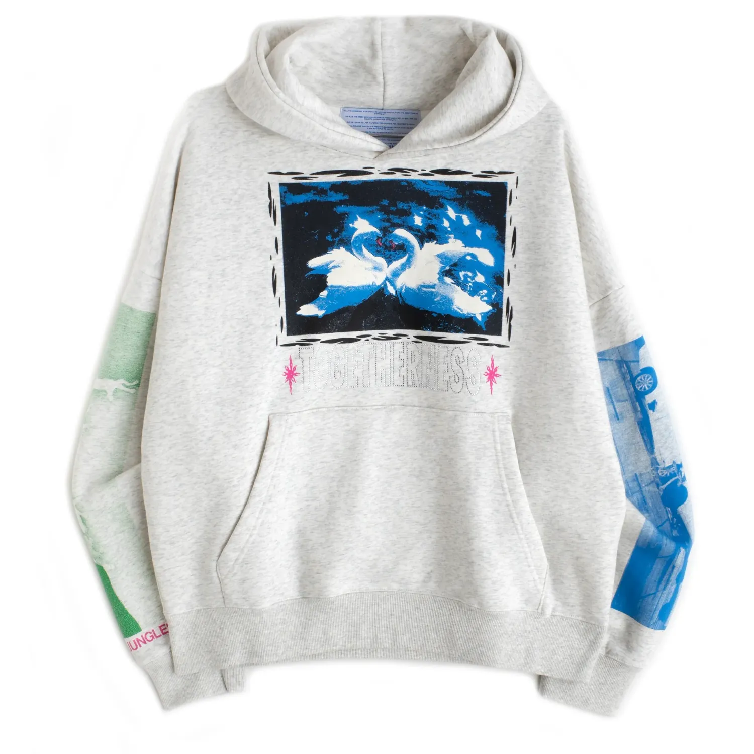 Grey marle Jungles hoodie with swan graphic and Togetherness text.